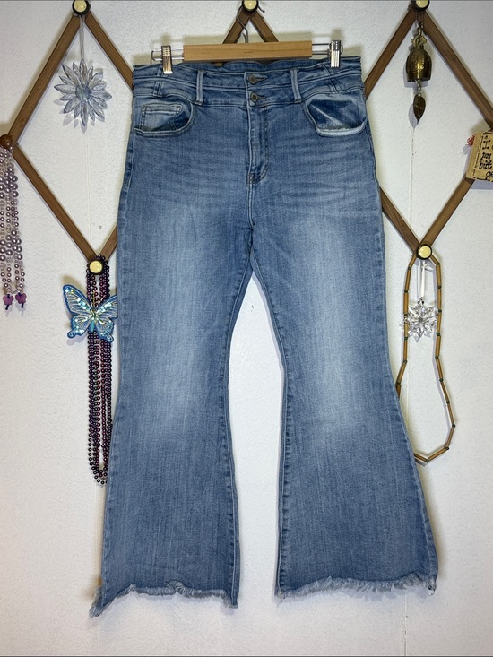 KanCan Denim - KanCan Medium Light Blue Flared Wide-Leg Jeans with Raw Hem